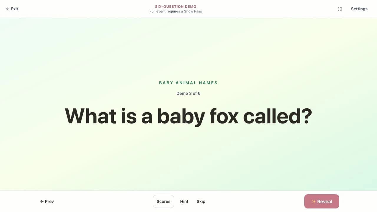 Current six-question showcase presenting a baby animal clue