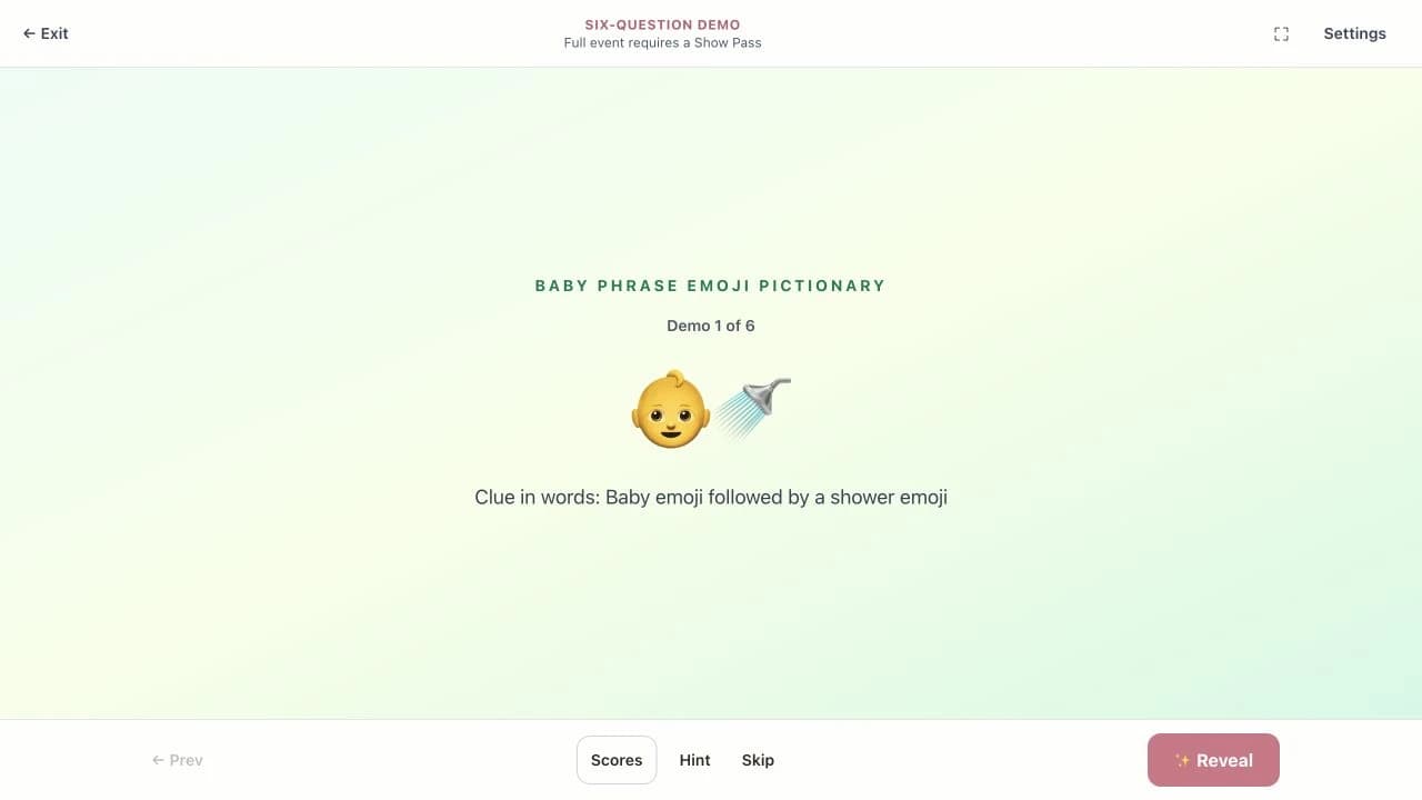 Default shared-screen demo with a Baby Phrase Emoji clue and simple Reveal and Scores controls
