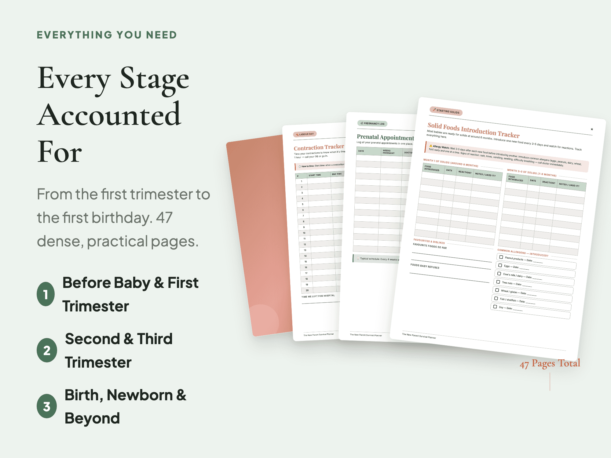 Overview of all 9 sections — showing real pages from the planner