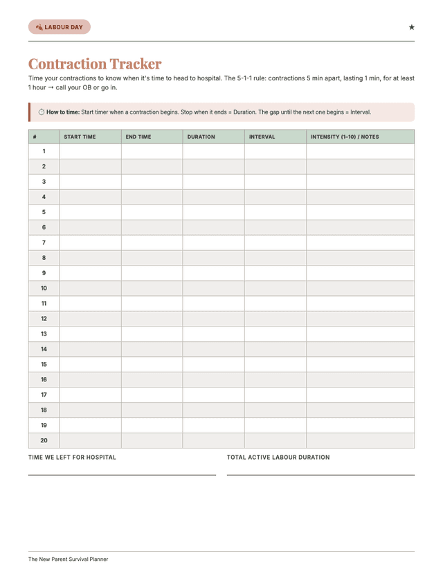 Contraction Tracker page from New Parent Planner