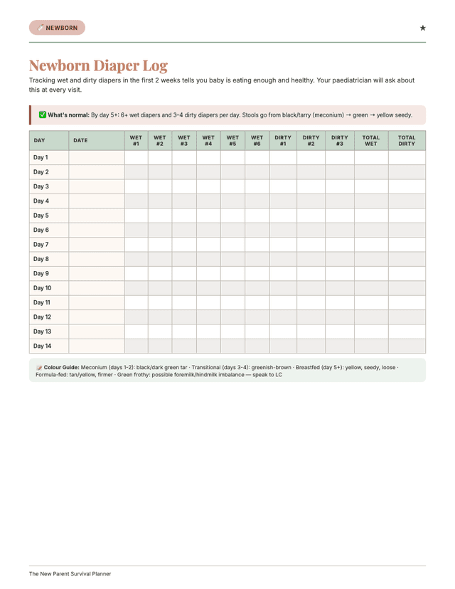 Diaper Log page from New Parent Planner