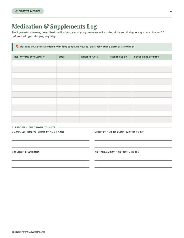 Medication Log page from New Parent Planner