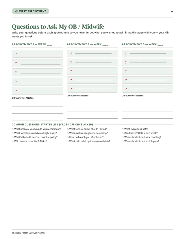 OB Questions page from New Parent Planner