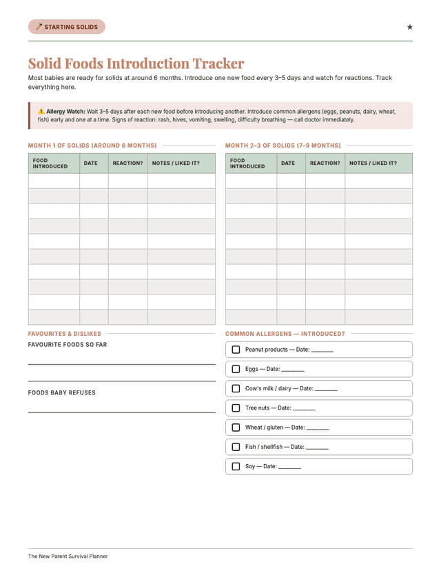 Solid Foods page from New Parent Planner
