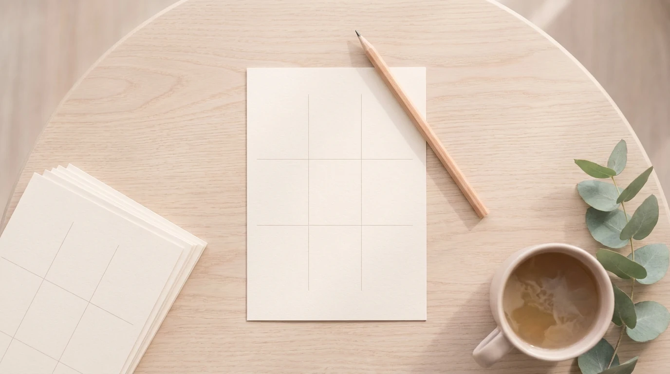 A blank nine-square bingo grid on cream card stock beside a pencil, a small stack of unfilled grids and a cup of tea on a sunlit table