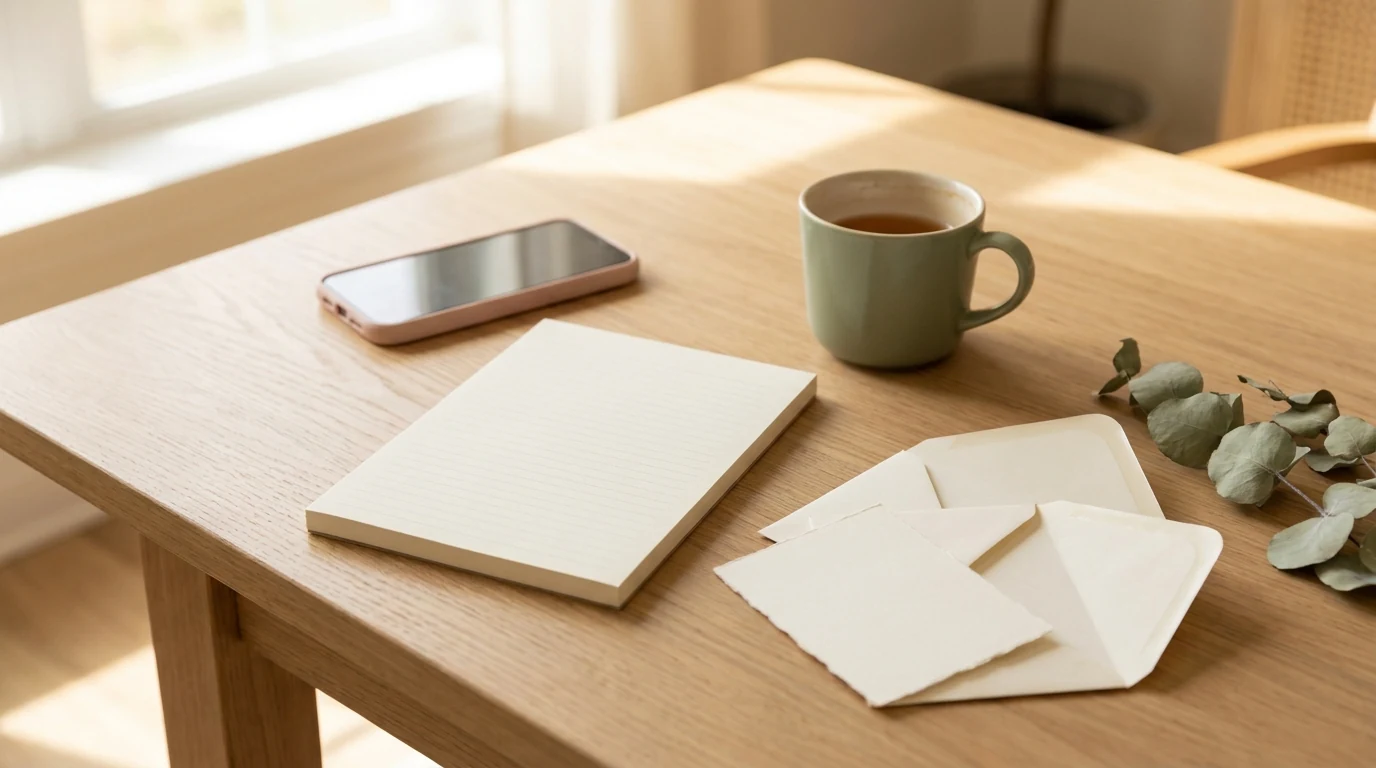 A blank notepad, a face-down phone, a cup of tea and a small stack of opened envelopes with blank reply cards on a sunlit oak table