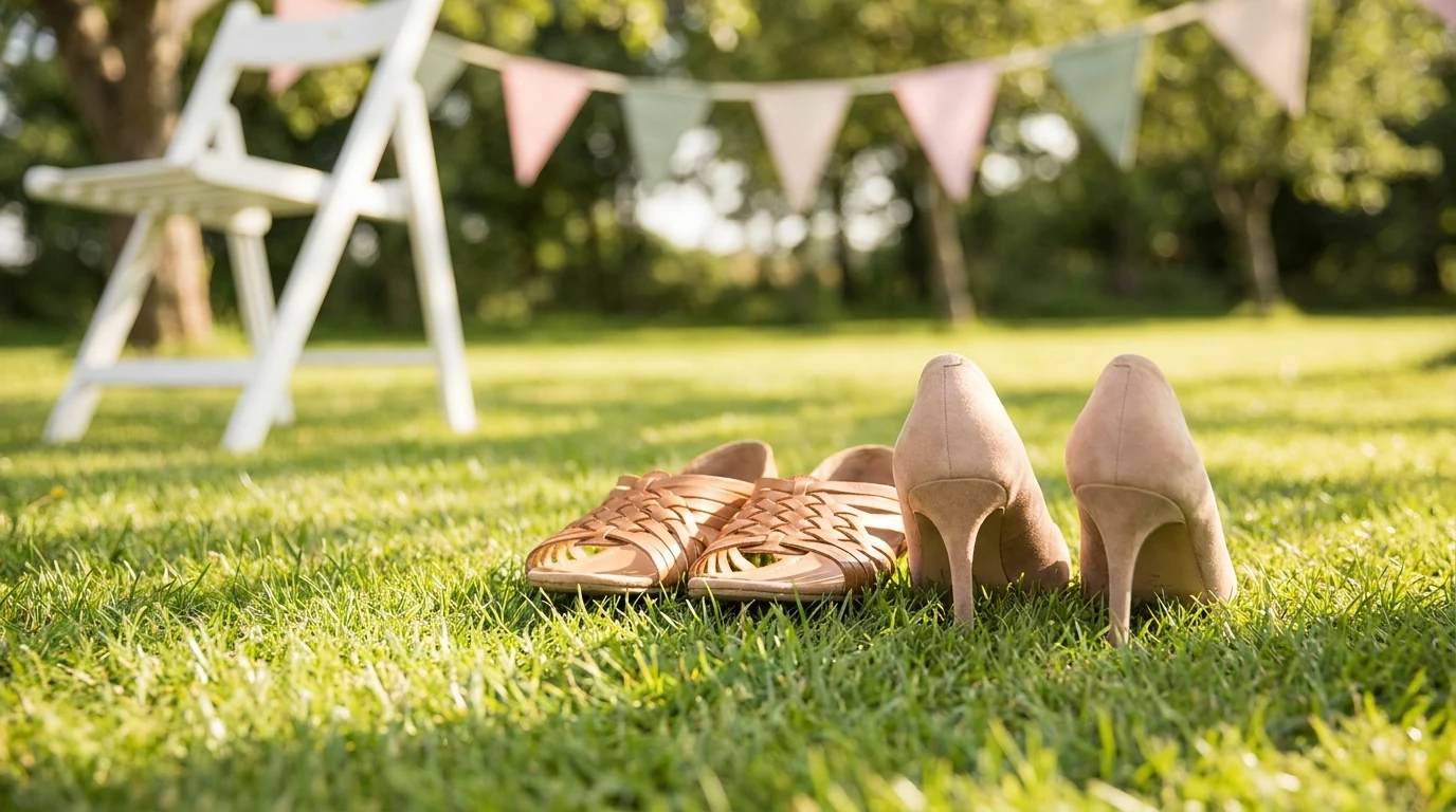 Flat leather sandals resting on a lawn beside a pair of heels whose thin heels have sunk into the grass at an outdoor party